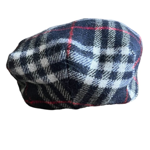 BURBERRYS Cap VINTAGE Blue Gray Black White Red Wool Tartan Newsboy Hat Size XL - Picture 7 of 10